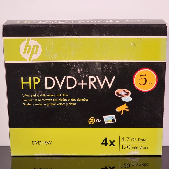 HP DVD+RW ReWritable Blank Disc Media 4.7GB Slim Jewel Case‎ 5 Pack NEW - Picture 1 of 2